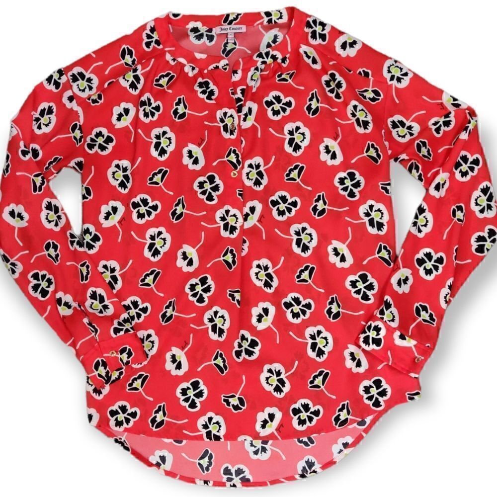 Y2K JUICY COUTURE BRIGHT RED BLACK FLOWER PRINT LONG SLEEVE TOP BLOUSE SHIRT S